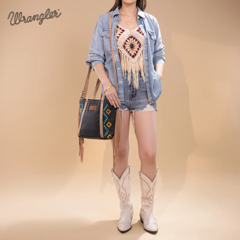 Load image into Gallery viewer, WG233-2009BK - Wrangler Aztec Embroidered Tote/Crossbody Bag - Black
