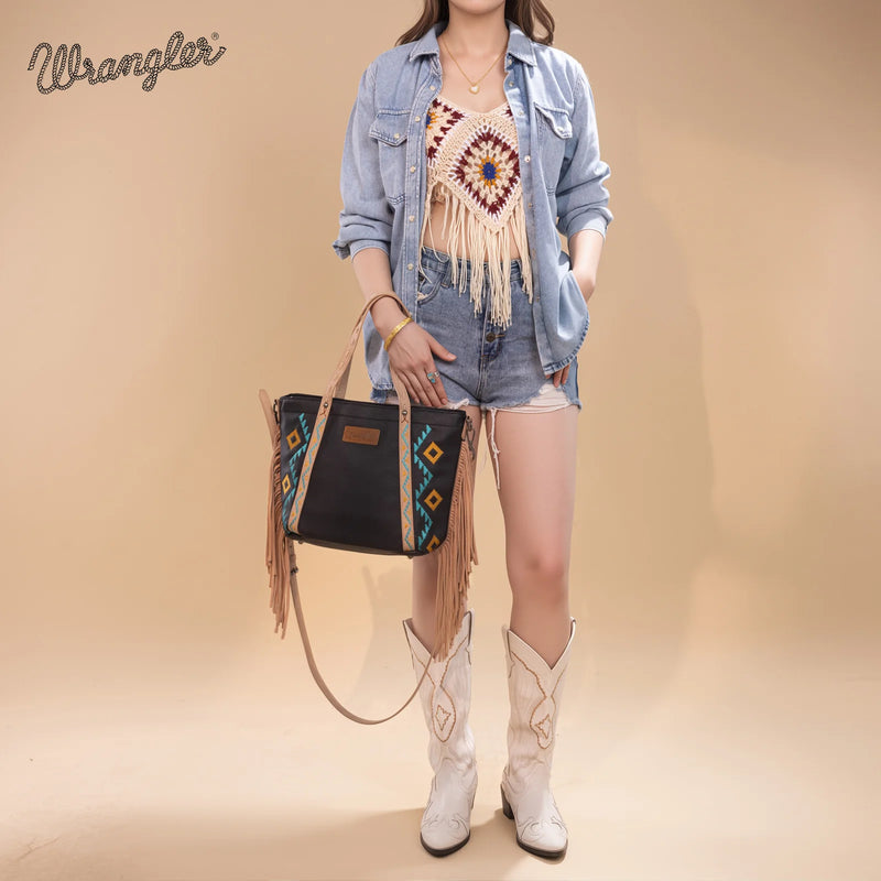 Load image into Gallery viewer, WG233-2009BK - Wrangler Aztec Embroidered Tote/Crossbody Bag - Black
