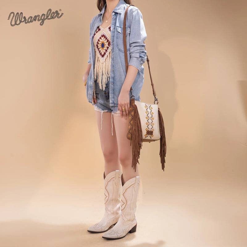 Load image into Gallery viewer, WG233-8360BG - Wrangler Aztec Embroidered Fringe Crossbody - Beige
