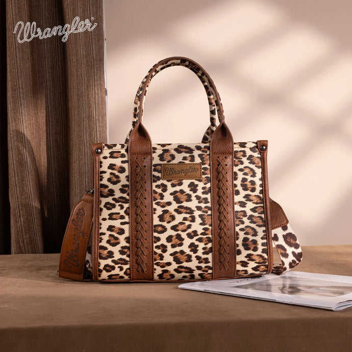WG133-81203SBR - Wrangler Leopard Print Concealed Carry Tote/Crossbody - Brown
