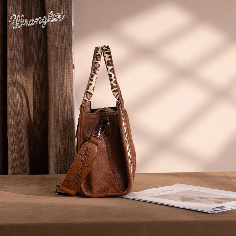Load image into Gallery viewer, WG133-81203SBR - Wrangler Leopard Print Concealed Carry Tote/Crossbody - Brown
