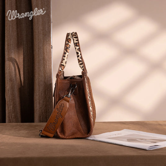 WG133-81203SBR - Wrangler Leopard Print Concealed Carry Tote/Crossbody - Brown