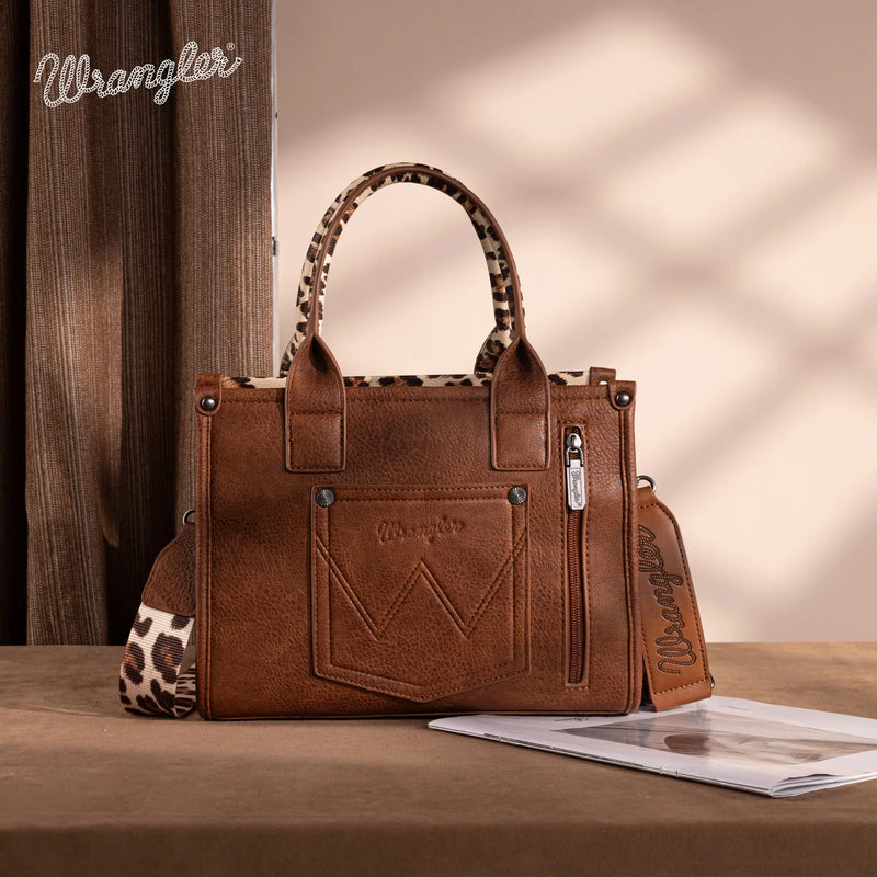 Load image into Gallery viewer, WG133-81203SBR - Wrangler Leopard Print Concealed Carry Tote/Crossbody - Brown
