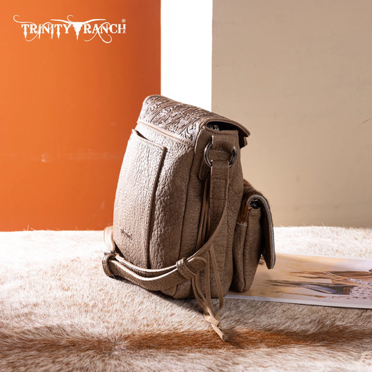 TR203-8360KH - Trinity Ranch Genuine Hair-On Cowhide Tooled Collection Crossbody - Khaki