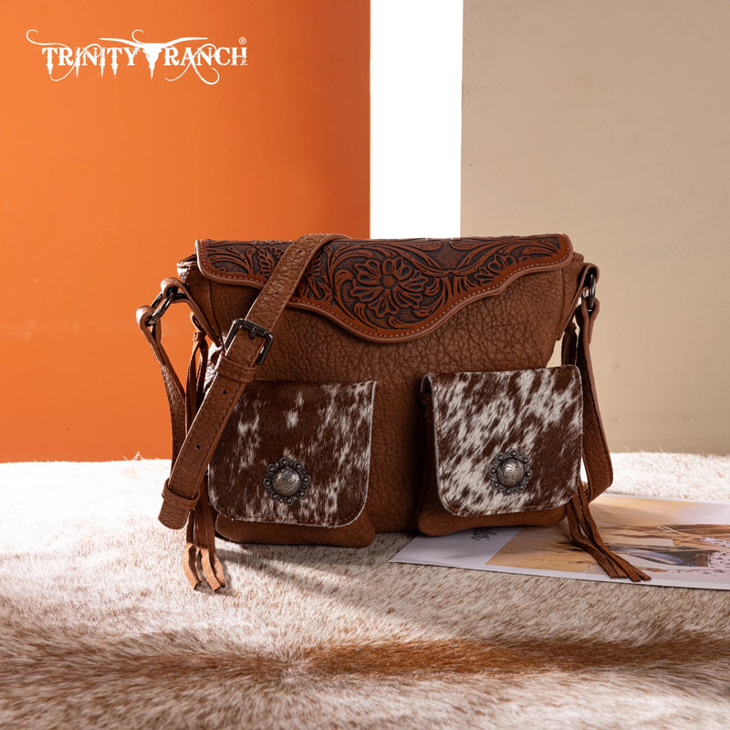 Load image into Gallery viewer, TR203-8360BR - Trinity Ranch Genuine Hair-On Cowhide Tooled Collection Crossbody - Brown
