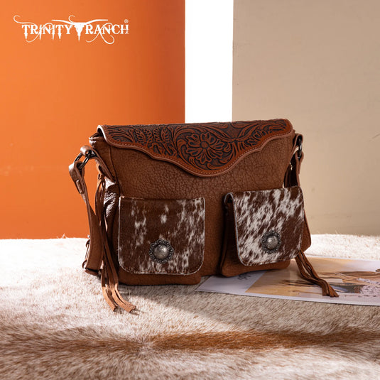 TR203-8360BR - Trinity Ranch Genuine Hair-On Cowhide Tooled Collection Crossbody - Brown