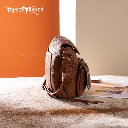 TR203-8360BR - Trinity Ranch Genuine Hair-On Cowhide Tooled Collection Crossbody - Brown