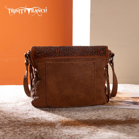 TR203-8360BR - Trinity Ranch Genuine Hair-On Cowhide Tooled Collection Crossbody - Brown