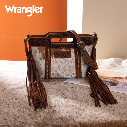 WG283-8015BR - Wrangler Genuine Cowhide Top Handle Fringe Crossbody - Brown