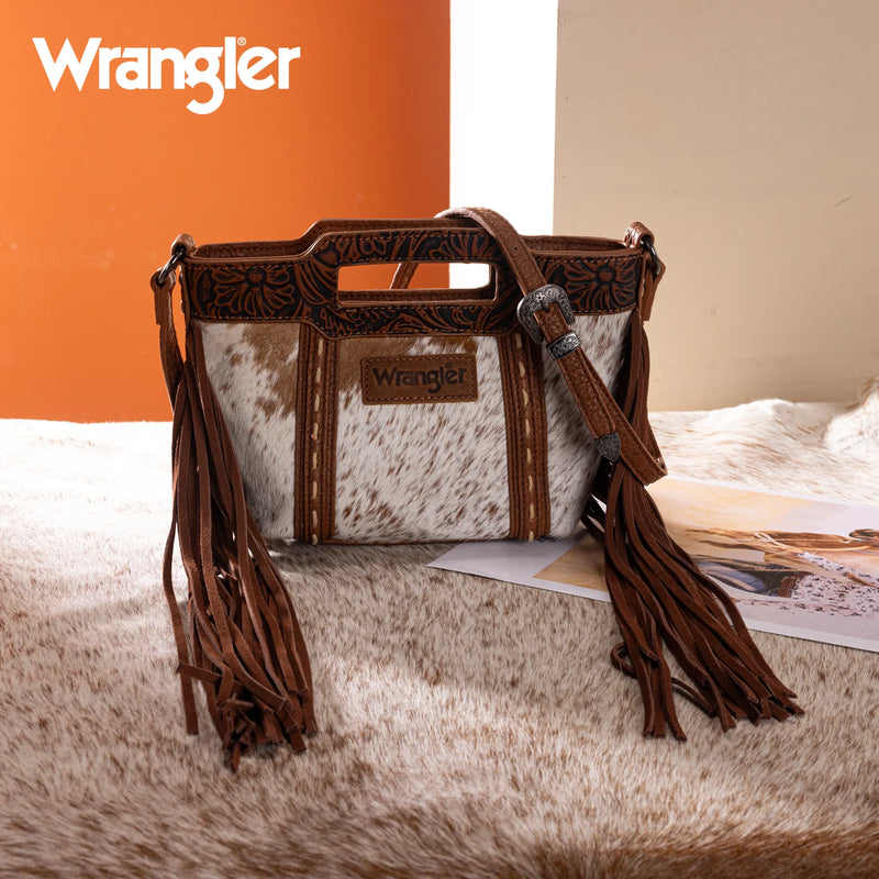 Load image into Gallery viewer, WG283-8015BR - Wrangler Genuine Cowhide Top Handle Fringe Crossbody - Brown
