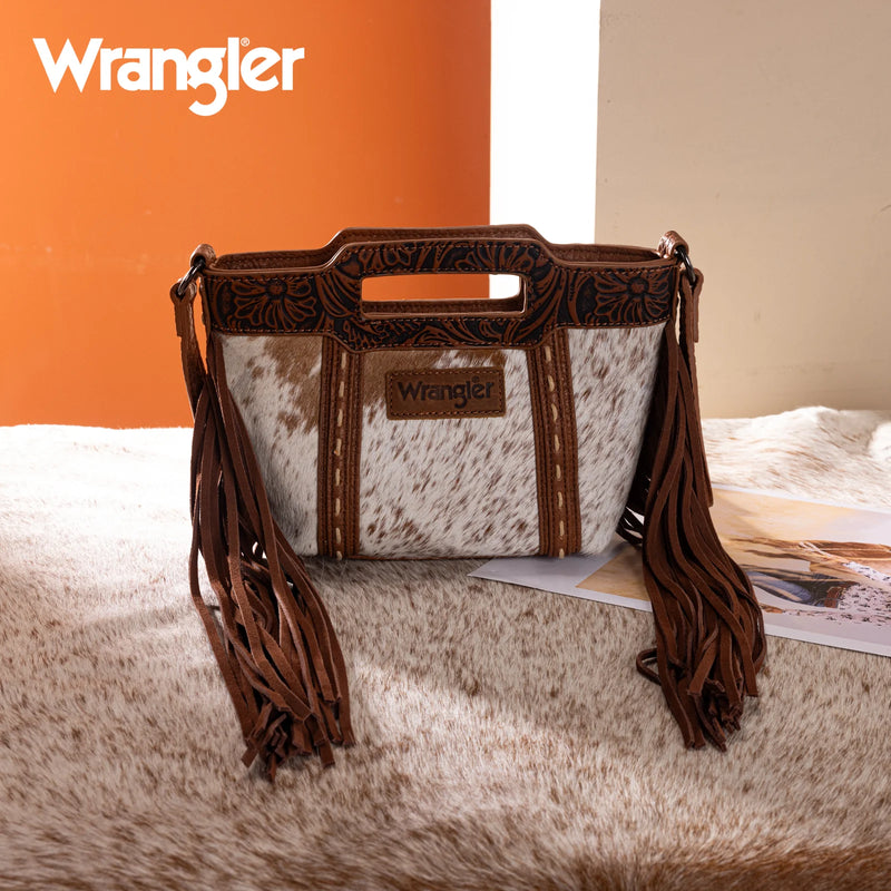 Load image into Gallery viewer, WG283-8015BR - Wrangler Genuine Cowhide Top Handle Fringe Crossbody - Brown
