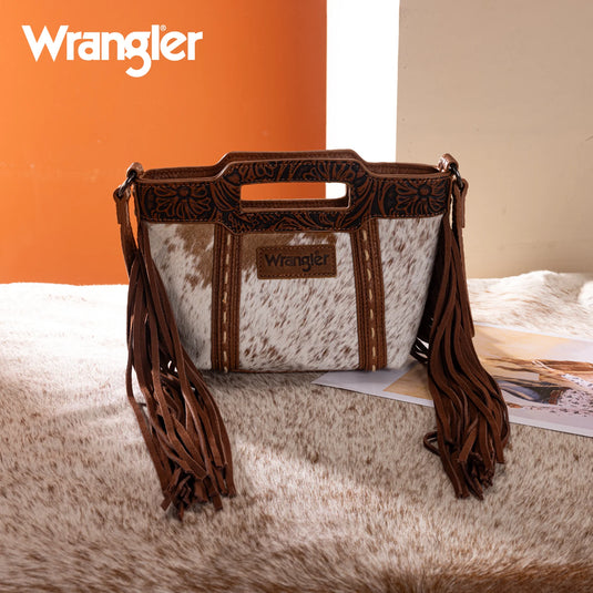 WG283-8015BR - Wrangler Genuine Cowhide Top Handle Fringe Crossbody - Brown