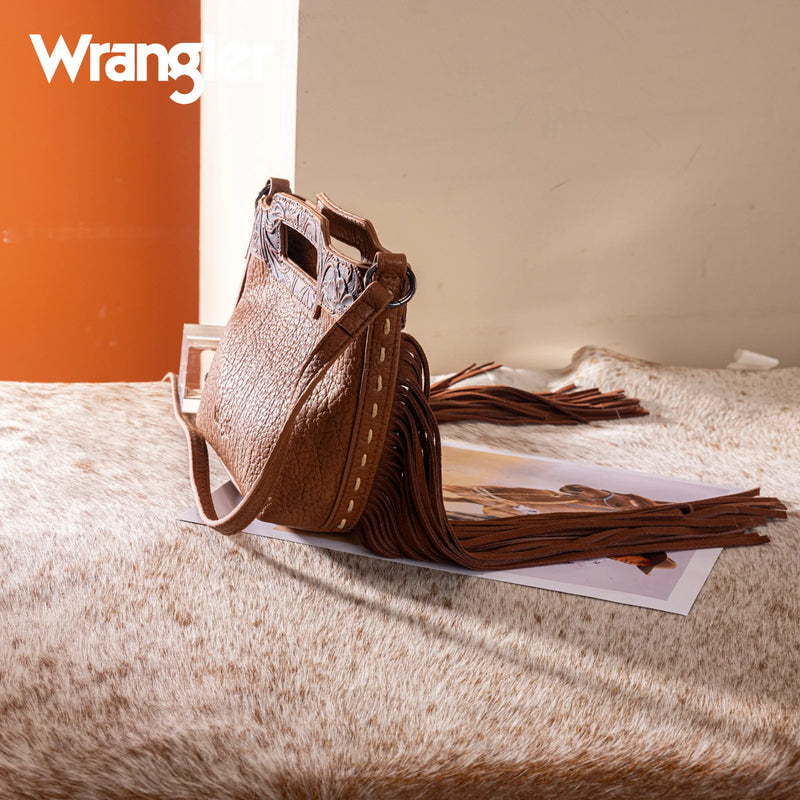 Load image into Gallery viewer, WG283-8015BR - Wrangler Genuine Cowhide Top Handle Fringe Crossbody - Brown
