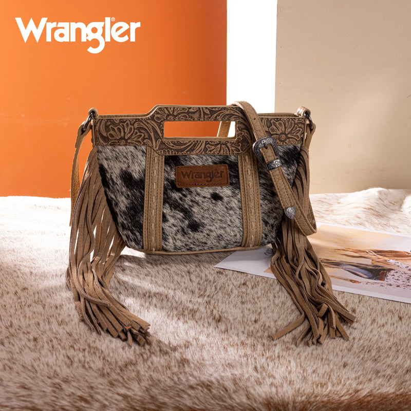 Load image into Gallery viewer, WG283-8015TN - Wrangler Genuine Cowhide Top Handle Fringe Crossbody - Tan
