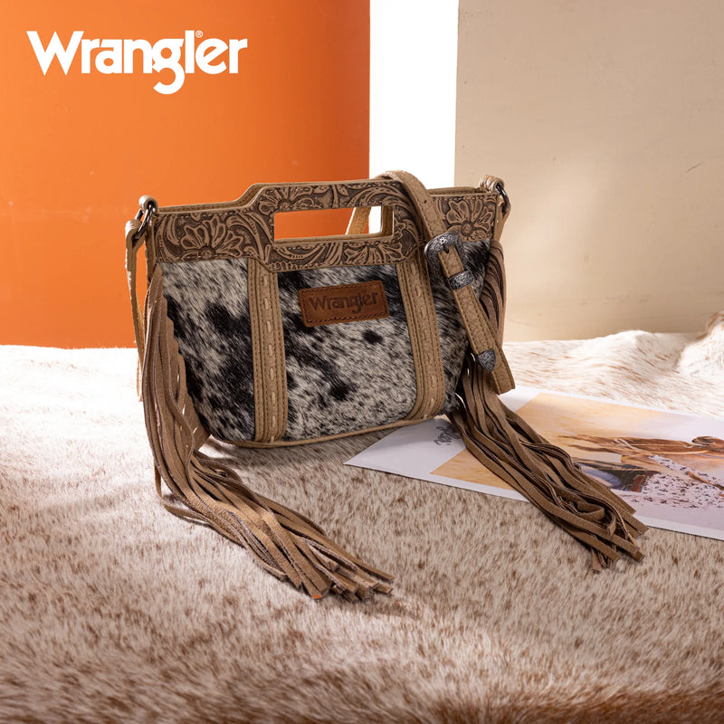 Load image into Gallery viewer, WG283-8015TN - Wrangler Genuine Cowhide Top Handle Fringe Crossbody - Tan
