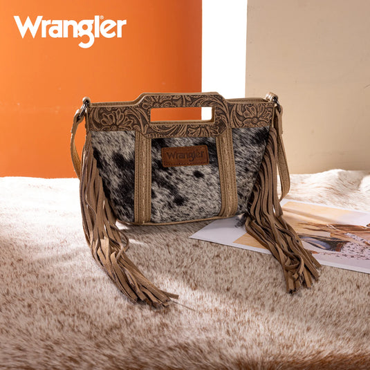 WG283-8015TN - Wrangler Genuine Cowhide Top Handle Fringe Crossbody - Tan