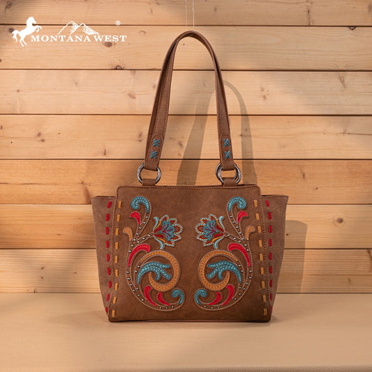 MW1348-8250BR - Montana West Embroidered Tote Bag - Brown