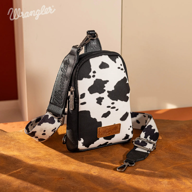 Load image into Gallery viewer, WG133-210BK - Wrangler Cow Print Crossbody Sling Chest Bag - Black
