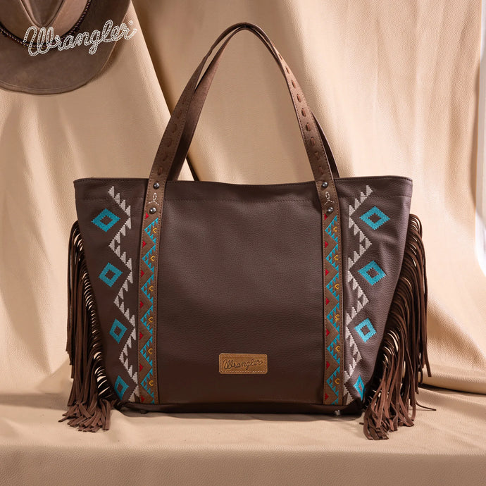 WG233-2002BR - Wrangler Aztec Embroidered Large Tote Bag - Brown