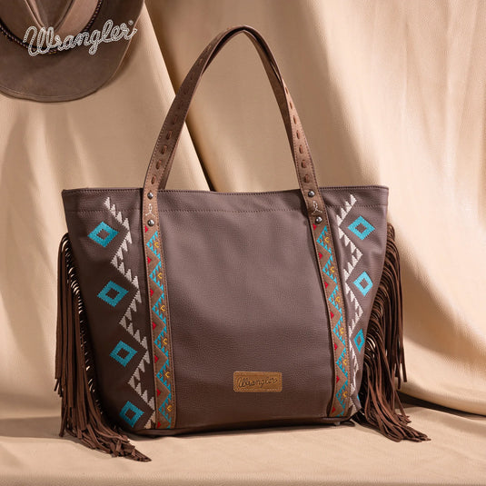 WG233-2002BR - Wrangler Aztec Embroidered Large Tote Bag - Brown