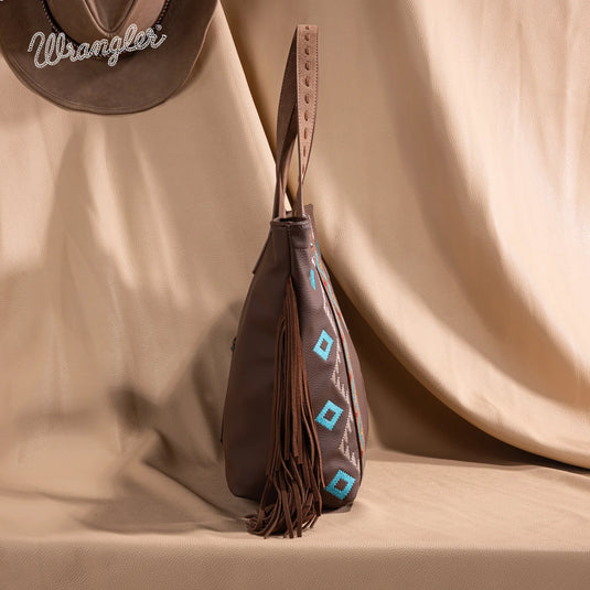 WG233-2002BR - Wrangler Aztec Embroidered Large Tote Bag - Brown