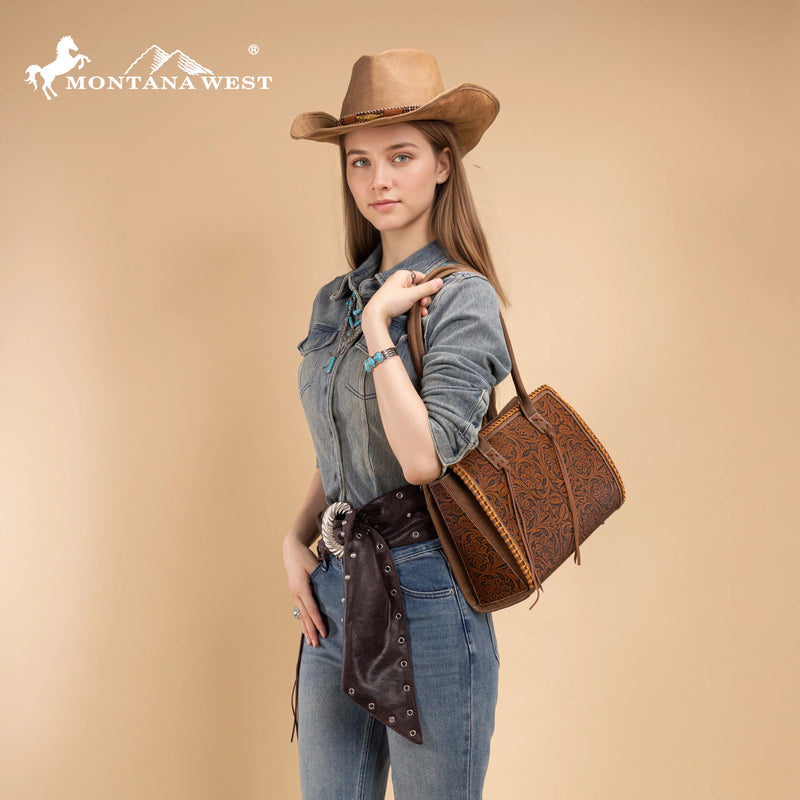 Load image into Gallery viewer, MW1355G-8317BR - Montana West Tooled Concealed Carry Tote - Brown

