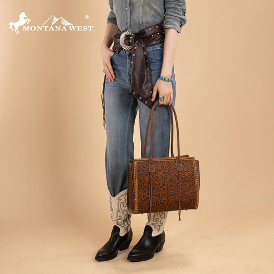 MW1355G-8317BR - Montana West Tooled Concealed Carry Tote - Brown