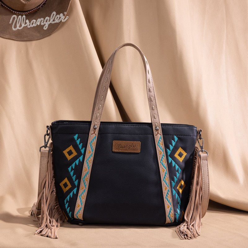 Load image into Gallery viewer, WG233-2009BK - Wrangler Aztec Embroidered Tote/Crossbody Bag - Black
