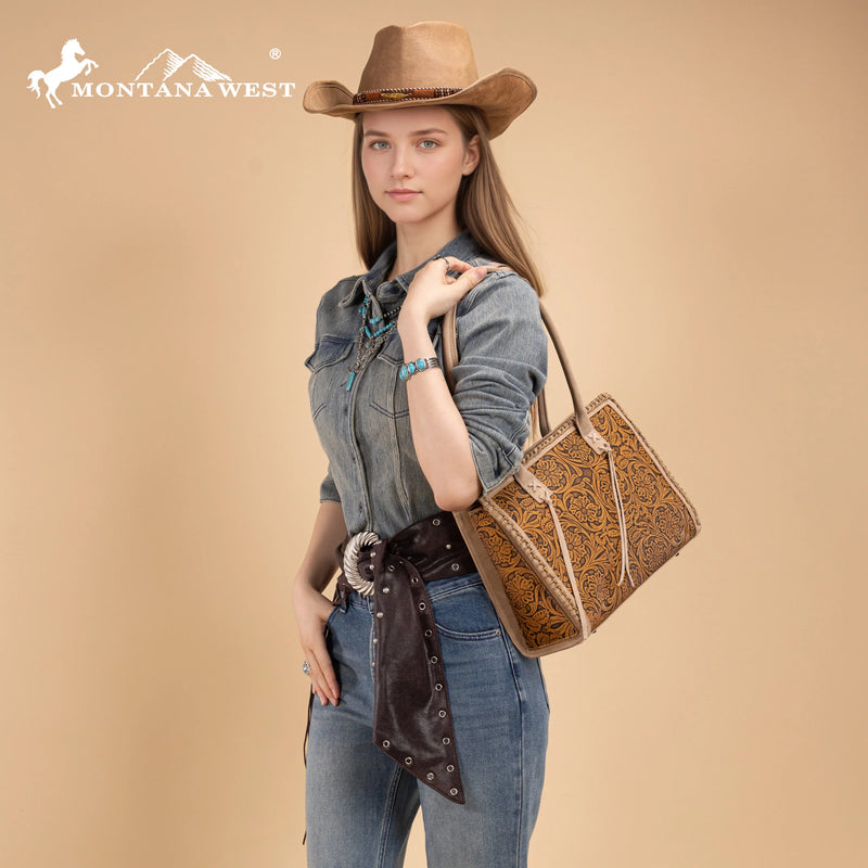 Load image into Gallery viewer, MW1355G-8317TN - Montana West Tooled Concealed Carry Tote - Tan
