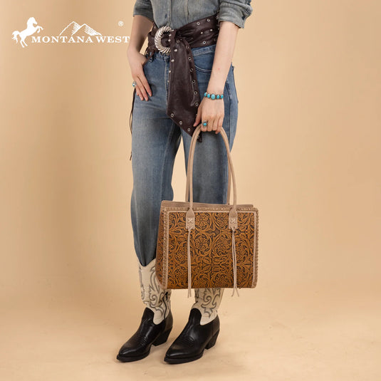 MW1355G-8317TN - Montana West Tooled Concealed Carry Tote - Tan