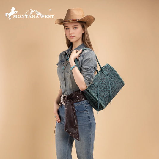 MW1355G-8317TQ - Montana West Tooled Concealed Carry Tote - Turquoise