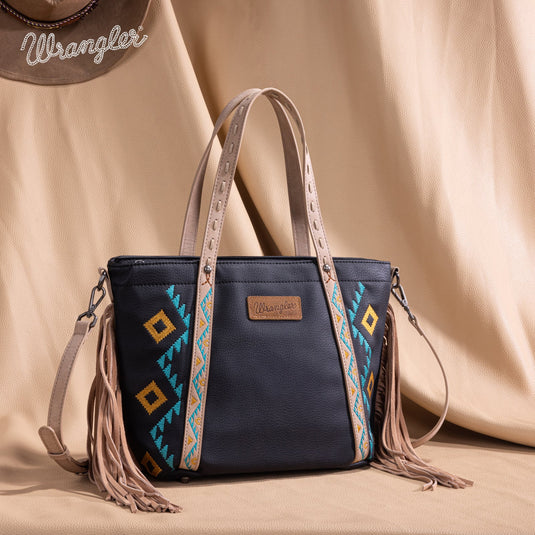 WG233-2009BK - Wrangler Aztec Embroidered Tote/Crossbody Bag - Black
