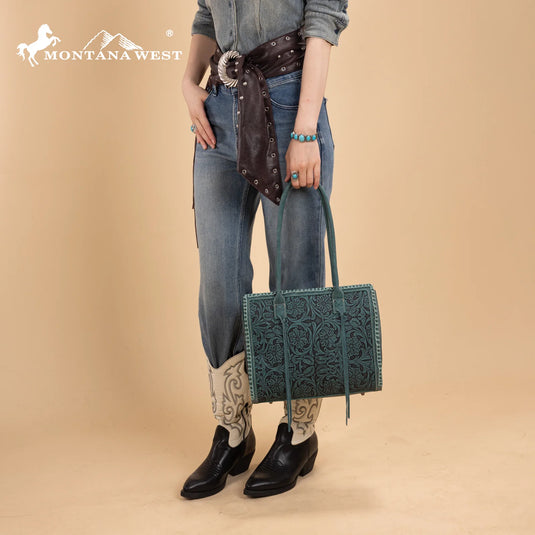 MW1355G-8317TQ - Montana West Tooled Concealed Carry Tote - Turquoise