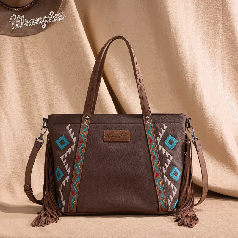 Load image into Gallery viewer, WG233-2009BR - Wrangler Aztec Embroidered Tote/Crossbody Bag - Brown

