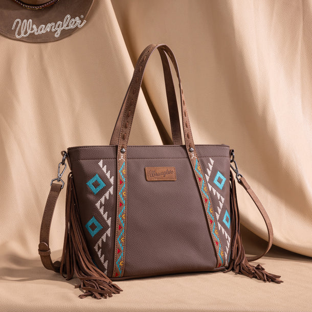 Load image into Gallery viewer, WG233-2009BR - Wrangler Aztec Embroidered Tote/Crossbody Bag - Brown
