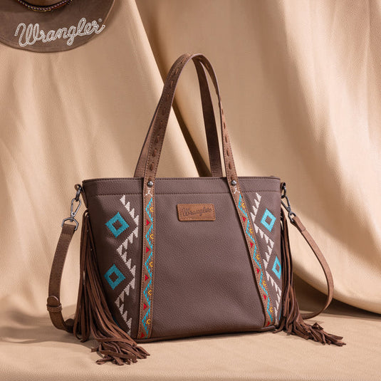 WG233-2009BR - Wrangler Aztec Embroidered Tote/Crossbody Bag - Brown