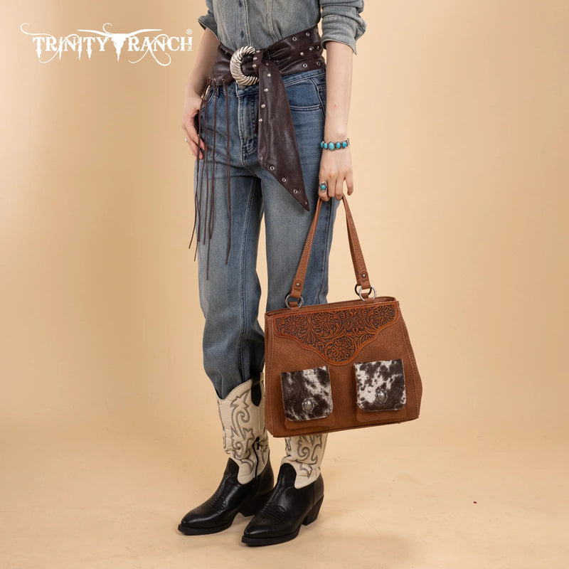 Load image into Gallery viewer, TR203G-8600BR - Trinity Ranch Genuine Hair-On Cowhide Concealed Carry Tote - Brown
