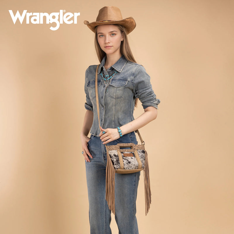 Load image into Gallery viewer, WG283-8015TN - Wrangler Genuine Cowhide Top Handle Fringe Crossbody - Tan
