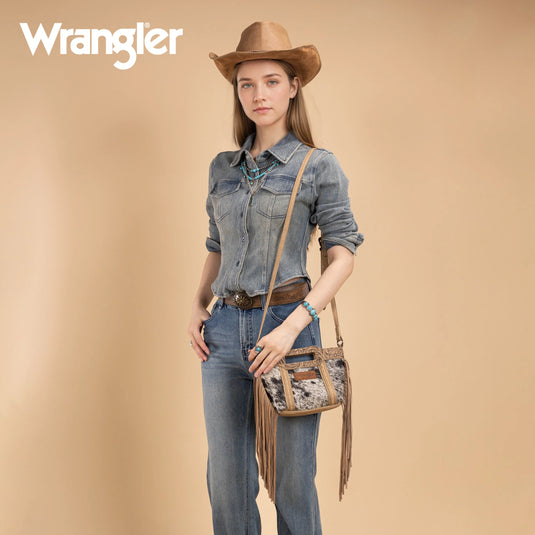 WG283-8015TN - Wrangler Genuine Cowhide Top Handle Fringe Crossbody - Tan