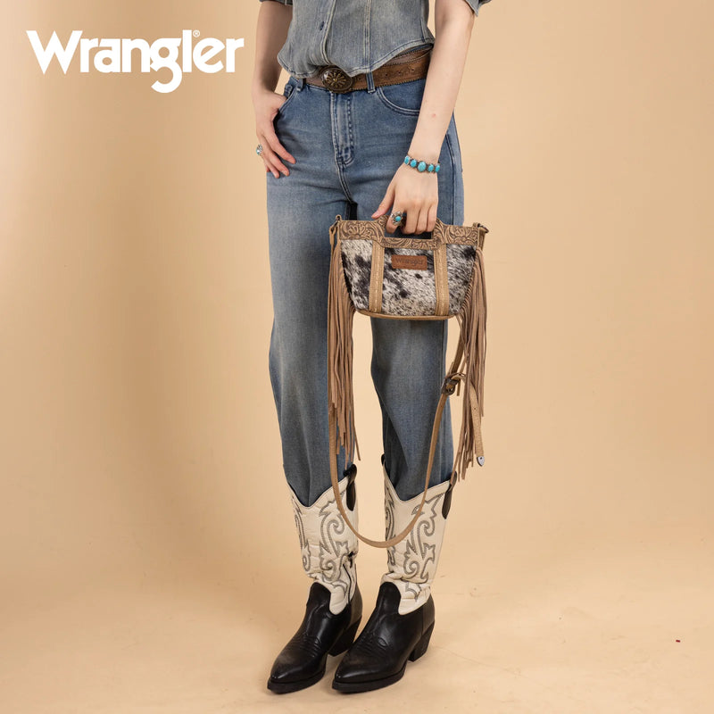 Load image into Gallery viewer, WG283-8015TN - Wrangler Genuine Cowhide Top Handle Fringe Crossbody - Tan
