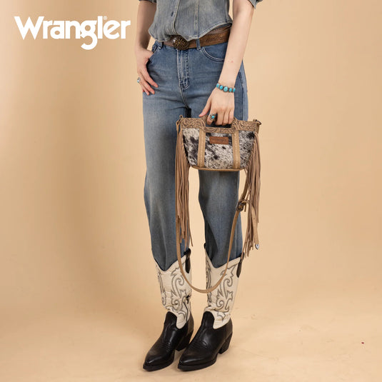 WG283-8015TN - Wrangler Genuine Cowhide Top Handle Fringe Crossbody - Tan