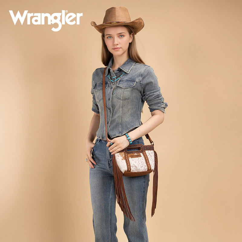 Load image into Gallery viewer, WG283-8015BR - Wrangler Genuine Cowhide Top Handle Fringe Crossbody - Brown
