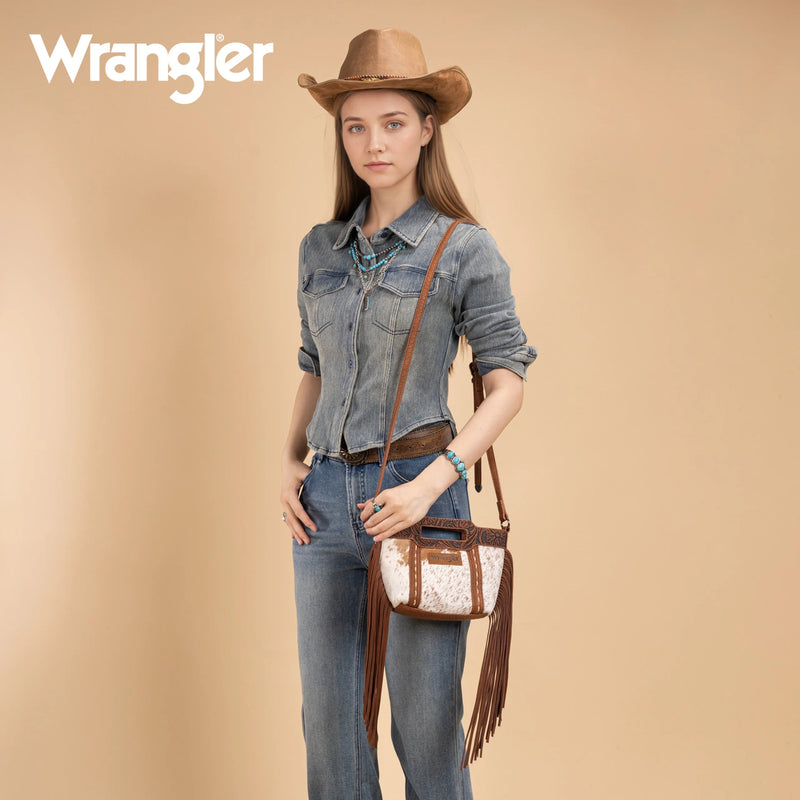 Load image into Gallery viewer, WG283-8015BR - Wrangler Genuine Cowhide Top Handle Fringe Crossbody - Brown
