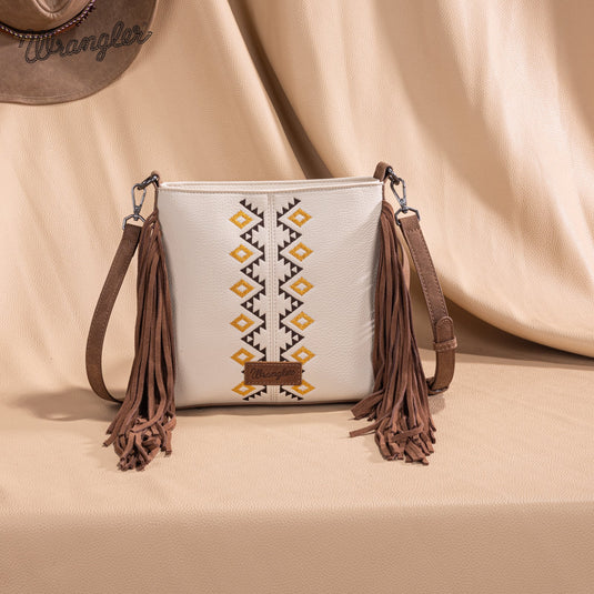 WG233-8360BG - Wrangler Aztec Embroidered Fringe Crossbody - Beige