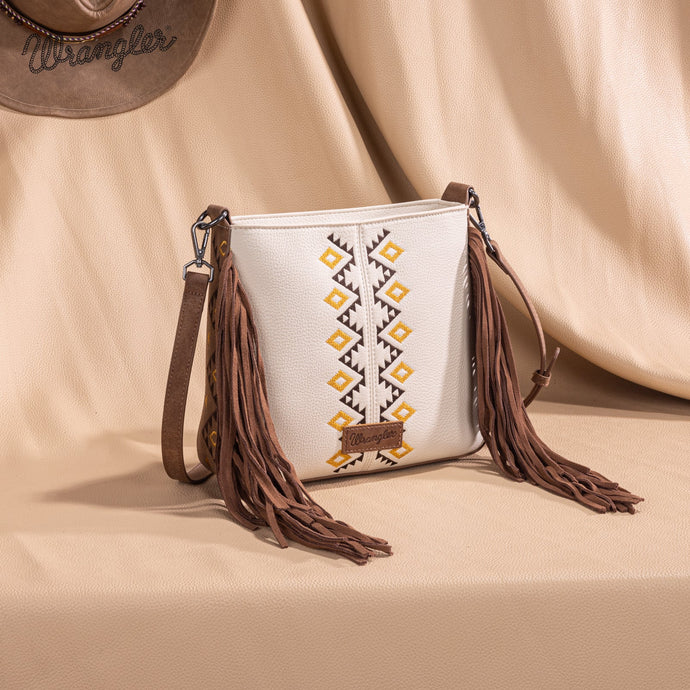 WG233-8360BG - Wrangler Aztec Embroidered Fringe Crossbody - Beige