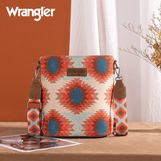 WG221-8360BDY - Wrangler Aztec Distressed Print Dual Sided Print Crossbody