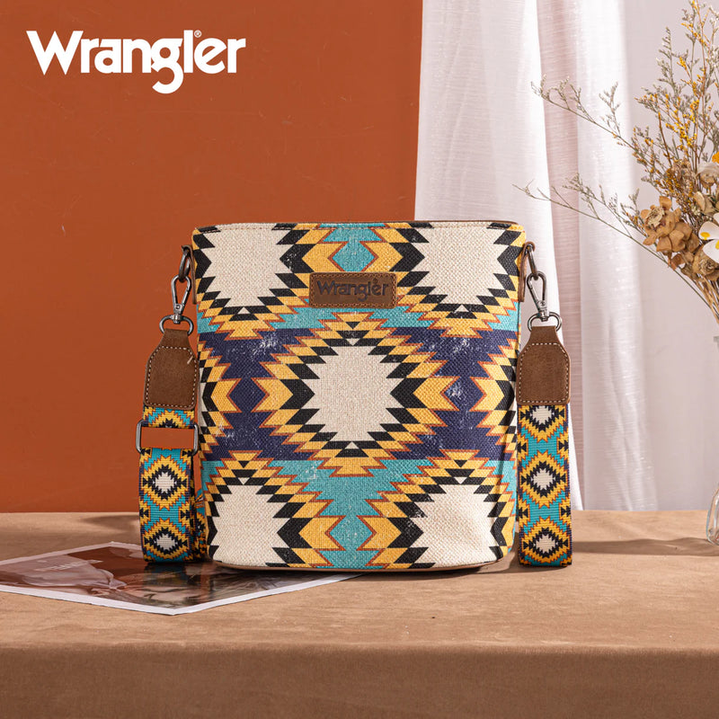 Load image into Gallery viewer, WG221-8360GN - Wrangler Aztec Distressed Print Dual Sided Print Crossbody - Green
