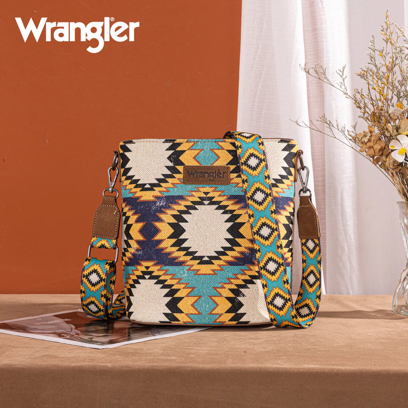 Load image into Gallery viewer, WG221-8360GN - Wrangler Aztec Distressed Print Dual Sided Print Crossbody - Green

