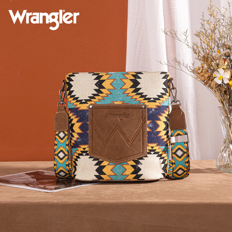 Load image into Gallery viewer, WG221-8360GN - Wrangler Aztec Distressed Print Dual Sided Print Crossbody - Green
