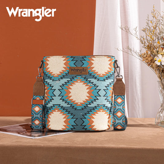 WG221-8360TQ - Wrangler Aztec Distressed Print Dual Sided Print Crossbody